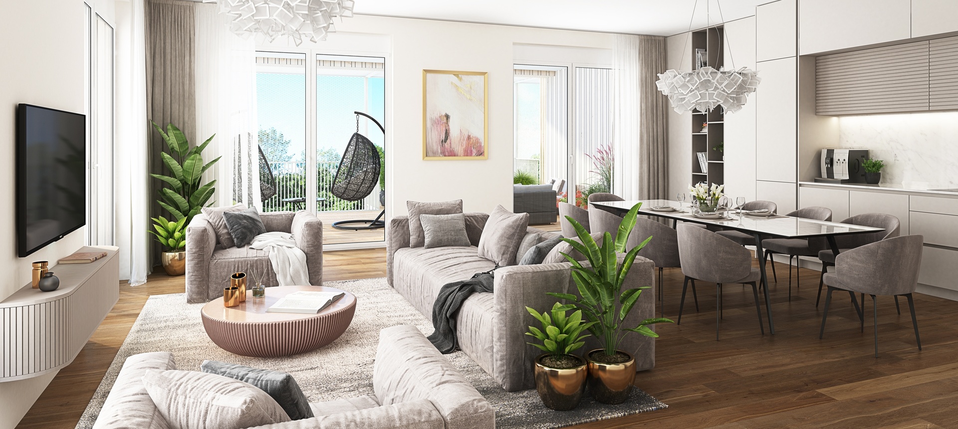 großzügiges Wohnzimmer mit Blick auf die Terrasse